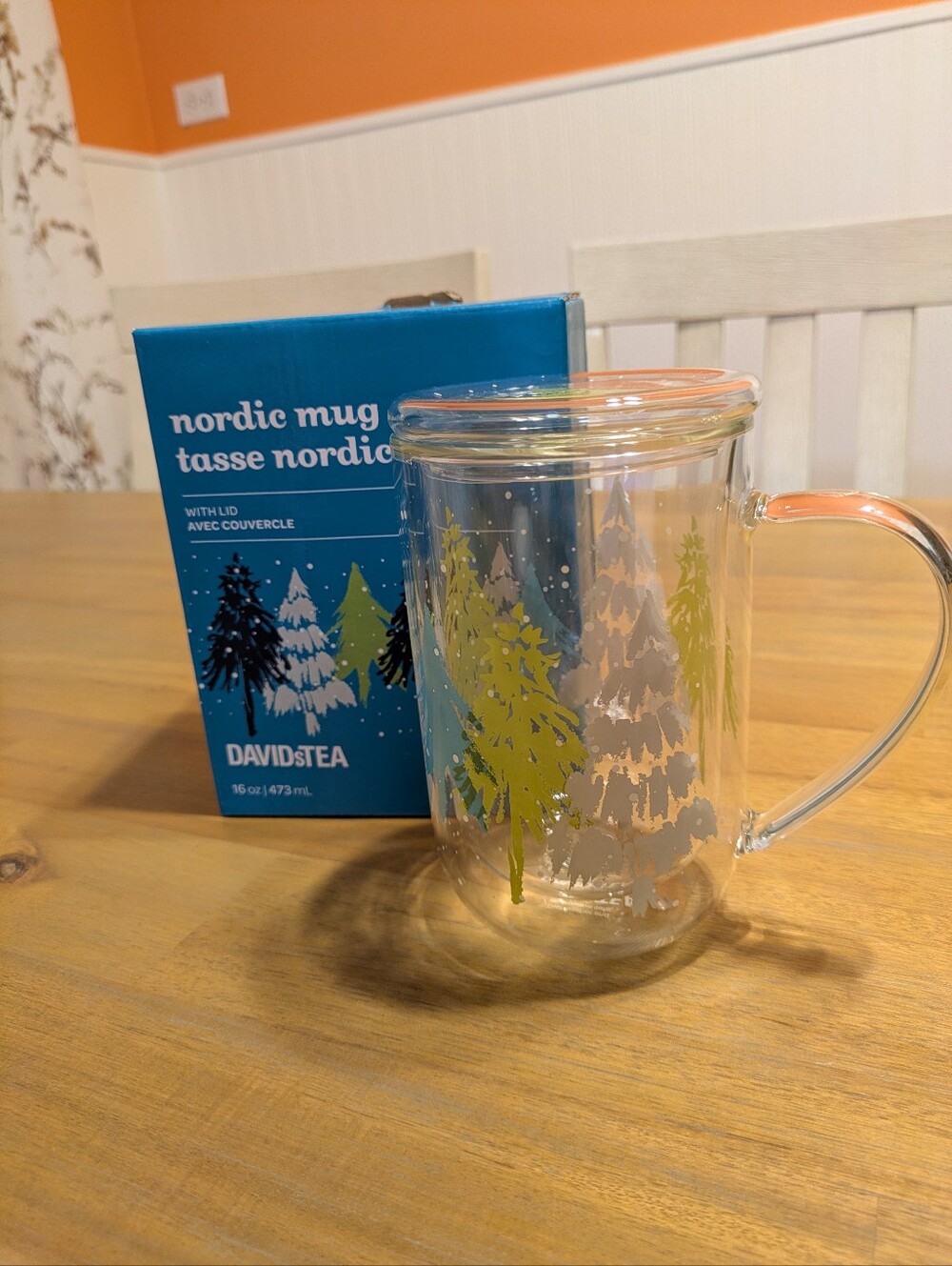 DAVIDsTEA Nordic Glass Mug with Lid - Green Tree Design